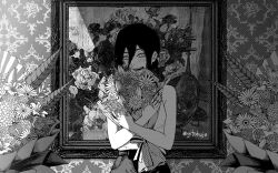  1girl bare_arms black_hair black_shorts bouquet breasts chainsaw_man crossed_arms gitokuja greyscale hair_between_eyes hair_bun highres holding holding_bouquet light_blush looking_at_viewer medium_breasts medium_hair monochrome open_mouth picture_frame reze_(chainsaw_man) shirt shorts sleeveless sleeveless_shirt smile solo twitter_username updo white_shirt 