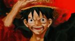  1boy adjusting_clothes adjusting_headwear black_cape black_eyes black_hair cape coat fighting_stance frown hat highres male_focus monkey_d._luffy nmiyyt one_piece open_mouth portrait red_shirt scar scar_on_face shirt short_hair solo spiky_hair straw_hat teeth 