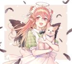  :d animal apron black_feathers black_wings border bow bowtie braid dog e_(eokiba) fang feathered_wings feathers green_shirt hair_bow hair_ribbon halo holding holding_animal long_hair maid maid_apron maid_headdress open_mouth original pink_background pink_eyes pink_hair plaid plaid_shirt pointy_ears puffy_short_sleeves puffy_sleeves ribbon shirt short_sleeves smile white_border white_ribbon wings 