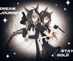  2girls absurdres ahoge animal_ear_piercing animal_ears apron back-to-back bilingual_text black_background black_dress black_ribbon blue_eyes bow braid bright_pupils brown_hair character_name collar colored_inner_animal_ears colored_inner_hair commentary cowboy_shot dot_nose dream_journey_(umamusume) dress enmaided eyewear_strap frilled_apron frills glasses grey-framed_eyewear grin gun hair_between_eyes hair_ornament halftone hand_on_own_elbow hand_up highres holding holding_gun holding_weapon horse_ears horse_girl horse_tail juliet_sleeves knife long_hair long_sleeves looking_at_viewer maid maid_apron maid_headdress mixed-language_text multicolored_hair multiple_girls neck_ribbon one_eye_closed pono3330 puffy_short_sleeves puffy_sleeves ribbon rimless_eyewear sheath sheathed short_sleeves smile sparkle sparkling_aura spinning_weapon spotlight stay_gold_(umamusume) streaked_hair tail tail_bow tail_ornament tassel tassel_hair_ornament tinted_eyewear translated twitter_username umamusume unconventional_maid untranslatable_commentary very_long_braid very_long_hair waist_apron weapon white_apron white_bow white_collar white_pupils white_streaks yellow-tinted_eyewear zoom_layer 