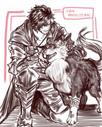  1boy armored_boots beard black_cloak black_hair boots clive_rosfield cloak commentary_request facial_hair final_fantasy final_fantasy_xvi gauntlets hair_between_eyes highres male_focus monochrome oablamh on_one_knee petting short_hair smile solo spot_color torgal_(ff16) wolf 