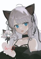  1girl 2naom8q6gt87292 ahoge animal_ears arknights bandaid bandaid_on_head black_choker black_dress black_jacket black_ribbon black_thighhighs blue_eyes breasts cat_ears cat_girl cat_tail chibi chibi_inset choker colorpoint_(pattern) commentary_request dress hair_ribbon highres jacket long_hair mint_(arknights) mint_(elite_ii)_(arknights) official_alternate_costume open_clothes open_jacket open_mouth ribbon small_breasts smile swept_bangs tail tearing_up thigh-highs unfinished white_background white_hair 