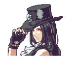  1other ascot bare_shoulders black_hair fingerless_gloves glaceo gloves guilty_gear guilty_gear_strive hat hat_ornament long_hair looking_at_viewer lowres other_focus pixel_art red_eyes skull skull_hat_ornament smile testament_(guilty_gear) top_hat white_ascot 