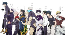  6+boys anger_vein black_hair black_jacket black_pants blindfold blonde_hair brown_shoes carrying choppy_bangs choso_(jujutsu_kaisen) from_side fushiguro_megumi fushiguro_toji geto_suguru gojo_satoru grey_hair hair_bun height_difference inumaki_toge itadori_yuji jacket jacket_over_hoodie japanese_clothes jujutsu_kaisen jujutsu_tech_uniform lifting_person line_line long_hair looking_at_another male_focus multicolored_hair multiple_boys nanami_kento okkotsu_yuta pale_skin pants piggyback pink_hair shoes short_hair simple_background spiky_hair suit two-tone_hair undercut white_background white_hair white_jacket white_pants white_shoes zen'in_naoya 