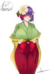  1girl ;) breasts commentary flower green_kimono hair_flower hair_ornament hakama hakama_skirt hieda_no_akyuu highres japanese_clothes kimono large_breasts lazyseal looking_at_viewer one_eye_closed purple_hair seal_(animal) short_hair signature simple_background skirt smile solo touhou violet_eyes white_background white_flower 