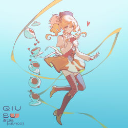  1girl artist_name beret blonde_hair blue_background boots brown_corset brown_gloves brown_thighhighs closed_mouth commentary corset cup drill_hair english_commentary fingerless_gloves full_body gloves gradient_background hair_between_eyes hat heart highres knee_boots leg_up long_hair looking_at_viewer magical_girl mahou_shoujo_madoka_magica mahou_shoujo_madoka_magica_(anime) numbered plate qiususu ribbed_thighhighs ribbon signature simple_background skirt smile solo teacup teapot thigh-highs tomoe_mami tomoe_mami_(magical_girl) twin_drills twintails yellow_eyes yellow_ribbon yellow_skirt 