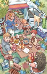  1girl 3boys armor backpack backpacking_stove bag beard blonde_hair blue_shirt bottle braid bread breasts brown_hair brown_vest calilo camping chilchuck_tims chopsticks clothesline cooking cooking_pot cooler cowlick drooling dungeon_meshi dwarf elf facial_hair firewood food furrowed_brow green_eyes hair_ribbon highres holding holding_chopsticks holding_plate laios_touden loaf_of_bread long_hair looking_at_another marcille_donato medium_breasts motor_vehicle mouth_drool multiple_boys mustache open_mouth outdoors pants plate pointy_ears portable_stove red_hair red_ribbon ribbon senshi_(dungeon_meshi) shirt short_hair shoulder_armor sleeping_bag smile staff swept_bangs sword table teapot tongue tongue_out van vest walking_mushroom_(dungeon_meshi) weapon white_pants white_shirt 