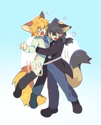  ! !! 1boy 1girl :d ^_^ ahoge animal_ears black_coat black_pants black_shoes blonde_hair blue_shirt blush_stickers brother_and_sister can't_choose_your_own_family cat_boy cat_ears cat_girl cat_tail chinese_commentary closed_eyes coat collared_shirt commentary_request do_not_want doctor english_text fang flying_sweatdrops glasses gradient_background grey_hair grey_pants hair_between_eyes hand_on_another's_head hawkfrost heart highres hug lab_coat lifting_person long_hair long_sleeves low_ponytail mothwing open_clothes open_coat pants personification ponytail shirt shoes short_hair siblings single_blush_sticker smile tail the_new_prophecy trench_coat warrior_cats wending_fahui white_coat white_shirt 
