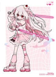  1girl bandaged_arm bandaged_leg bandages clothing_cutout commentary_request dual_wielding energy_sword full_body grid_background hair_ornament highres holding holding_sword holding_weapon leg_warmers lightsaber long_hair long_sleeves miniskirt original pink_background pink_hair pink_leg_warmers pink_skirt pink_theme pink_thighhighs rabbit_hair_ornament red_eyes shoulder_cutout single_thighhigh skirt solo standing striped_clothes striped_thighhighs sword thigh-highs unqn weapon 