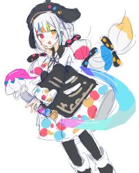  1girl :d beret black_hat black_jacket black_pantyhose blush_stickers bow collared_shirt colored_tips commentary_request contrast_collar cowboy_shot hair_bow hat heterochromia highres holding holding_paintbrush jacket jacket_partially_removed jogasaki_noah long_hair long_sleeves looking_at_viewer mahou_shoujo_no_majo_saiban multi-tied_hair multicolored_hair neck_ribbon off_shoulder paintbrush pantyhose polka_dot polka_dot_bow polka_dot_skirt red_eyes ribbon shirt simple_background sketch skirt sleeve_bow smile solo streaked_hair wawawawa0820 white_background white_hair white_shirt yellow_eyes 