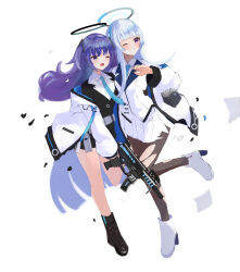  2girls absurdres aqua_necktie black_gloves black_jacket black_skirt black_suit blue_archive blue_eyes blue_hair blue_necktie breasts collared_shirt commentary_request full_body gloves gun hair_between_eyes hair_ornament half_gloves halo headgear headphones highres holding holding_gun holding_weapon id_card it_ai jacket large_breasts light_blush long_hair long_sleeves looking_at_viewer mechanical_halo millennium_science_school_logo miniskirt multiple_girls name_tag necktie noa_(blue_archive) one_eye_closed open_clothes open_jacket open_mouth pantyhose pleated_skirt purple_hair school_uniform shirt sidelocks skirt skirt_suit smile suit torn_clothes torn_pantyhose triangle_hair_ornament two-sided_fabric two-sided_jacket two_side_up very_long_hair violet_eyes weapon white_hair white_halo white_jacket white_shirt white_skirt white_suit yuuka_(blue_archive) 