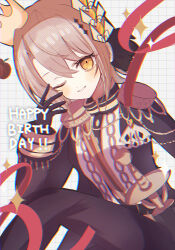  1girl 3656_chan aiguillette belt black_coat black_gloves blonde_hair coat commentary_request crown curtained_hair diamond_hair_ornament epaulettes gloves grid_background hair_ornament happy_birthday hasumi_leia high_collar highres long_sleeves mahou_shoujo_no_majo_saiban mini_crown one_eye_closed rapier sash scabbard sheath short_hair shoulder_sash smile solo sparkle sword teeth upper_body weapon yellow_eyes 