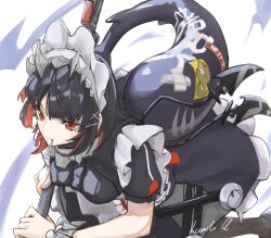  1girl absurdres black_hair breasts dress ellen_joe fins fish_tail highres kenney_q11 large_breasts maid maid_headdress mole mole_under_eye multicolored_hair red_eyes red_hair shark_girl shark_tail short_hair simple_background tail two-tone_hair weapon zenless_zone_zero 