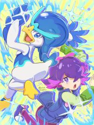  1girl blue_eyes commentary_request dot_(pokemon) furry hair_over_eyes highres long_sleeves multicolored_hair open_mouth pants pink_hair pokemon pokemon_(anime) pokemon_(creature) pokemon_horizons purple_hair quaxwell runachikku shirt short_hair smile vest violet_eyes 