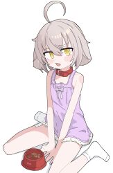 1girl absurdres ahoge animal_ears bare_shoulders belt belt_collar between_legs bowl collar commentary densi_ronto dog_ears dog_girl dress grey_hair hair_between_eyes hand_between_own_legs highres looking_at_viewer no_pants original pet_bowl purple_dress red_belt short_hair simple_background sitting socks solo wariza wavy_mouth white_background white_socks yellow_eyes 