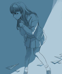  1girl artist_name blue_background blue_theme commentary_request floral_print from_side full_body highres hunched_over isonokami_tao jacket jouin_high_school_uniform kaosuwaruta long_hair monochrome own_hands_together pleated_skirt school_uniform shards shin_megami_tensei shin_megami_tensei_v simple_background skirt solo twitter_username w_arms 