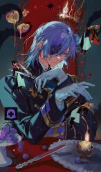  4boys absurdres alban_knox apple apple_slice blueberry brown_hair candle closed_mouth commentary_request cracked_face cracked_skin crown elbow_rest faceless faceless_male food fruit gloves highres holding holding_scissors hoshirube_sho knife male_focus mini_person miniboy multiple_boys nijisanji nijisanji_en nijisanji_idol_uniform overskirt owls_(owls_0409) purple_hair saegusa_akina scissors seraph_dazzlegarden solo solo_focus virtual_youtuber white_gloves 