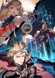  1boy 1girl armor ascot blonde_hair blue_eyes breastplate brown_hairband cape commentary_request crossed_arms dress earrings energy_sword floating floating_object floating_sword floating_weapon gauntlets gold_earrings gown granblue_fantasy granblue_fantasy:_relink hairband harvin highres jewelry large_earrings long_hair maglielle_(granblue_fantasy:_relink) medium_hair multiple_swords multiple_weapons pointy_ears purple_ascot red_cape red_eyes seofon_(granblue_fantasy) spiky_hair sword waldtrad weapon weapon_formation white_gown 
