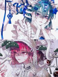  1girl akiakane antlers blue_flower blue_hair blue_ribbon blunt_bangs bow buckle chain chinese_knot closed_mouth collar colored_tips complementary_colors detached_sleeves dress eyes_visible_through_hair fantasy flower frilled_dress frilled_hairband frilled_sleeves frills gradient_hair green_eyes green_hair growing_out_of_body hair_between_eyes hair_flower hair_ornament hair_over_eyes hairband hairclip halo hand_up hands_on_own_chin hands_up head_wreath highres horns jewelry lace_trim lantern light_frown looking_at_animal looking_at_viewer medium_hair mesh mitsudomoe_(shape) multicolored_hair multiple_hairclips original ornate_clothes pink_eyes pink_hair puffy_short_sleeves puffy_sleeves ribbon short_hair short_sleeves smile snake snap-fit_buckle snow snowing solo tassel tomoe_(symbol) tree upper_body violet_eyes white_background white_collar white_dress white_hairband white_horns white_scales zipper 