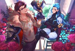  1boy 1girl black_bodysuit black_gloves black_hair black_jacket black_pants blue_eyes blue_flower blue_hair blue_rose bodysuit bouquet cape chain chain_necklace chair confident crossed_arms crossed_legs earrings estelle_(omega_strikers) feet_out_of_frame fingerless_gloves flower from_above fur-trimmed_jacket fur_trim gloves gold_chain gold_jewelry grey_shirt hair_slicked_back hand_in_pocket highres holding holding_bouquet incoming_gift indoors jacket jacket_on_shoulders jewelry kai_(omega_strikers) long_hair long_sleeves looking_at_viewer necklace official_art omega_strikers on_chair oversized_jacket pants pink_flower pink_rose promotional_art red_lining rose rose_bush seductive_smile shirt short_hair sitting sleeves_pushed_up sleeves_rolled_up smile smirk sparkle standing stud_earrings tight_clothes tight_shirt very_long_hair very_short_hair violet_eyes watch watch wavy_hair window windowsill yellow_flower yellow_rose 