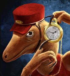  1boy blue_background closed_mouth commentary dinosaur_boy dinosaur_train english_commentary furry furry_male gael_casas hat highres holding holding_pocket_watch looking_at_viewer meme mr._conductor peaked_cap pocket_watch pointing red_hat red_vest troodon upper_body vest watch white_rabbit_pointing_at_a_clock_(meme) 