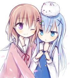  2girls :t ;) amakaze_sora angora_rabbit animal animal_on_head blue_dress blue_eyes blue_hair blush brown_hair cardigan closed_mouth dress gochuumon_wa_usagi_desu_ka? hair_between_eyes hair_ornament hairclip hoto_cocoa hoto_cocoa's_school_uniform kafuu_chino kafuu_chino's_school_uniform long_hair multiple_girls neck_ribbon on_head one_eye_closed pink_cardigan rabbit red_ribbon ribbon sailor_collar school_uniform shirt simple_background smile tippy_(gochiusa) upper_body violet_eyes white_background white_sailor_collar white_shirt x_hair_ornament 