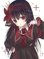  1girl 3656_chan armband black_capelet black_hair black_shirt black_skirt capelet closed_mouth collared_shirt commentary_request cowboy_shot crown flower gloves hair_flower hair_ornament happy_birthday highres layered_skirt long_hair long_skirt long_sleeves looking_at_viewer mahou_shoujo_no_majo_saiban mini_crown necktie nikaido_hiro overskirt plaid_armband plaid_clothes plaid_necktie plaid_skirt pleated_skirt red_armband red_eyes red_flower red_necktie red_skirt shirt side_capelet simple_background skirt smile solo white_background white_gloves white_shirt 