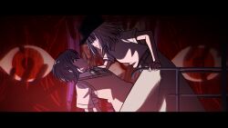  2girls arched_back arm_support bang_dream! bang_dream!_it's_mygo!!!!! belt black_border border brown_eyes clothes_grab collar_grab collared_shirt commentary_request dark_background diagonal-striped_clothes diagonal-striped_necktie eye_contact eye_symbol feet_out_of_frame from_side green_necktie grey_skirt handrail haneoka_school_uniform highres leaning_forward letterboxed looking_at_another medium_hair misumi_uika multiple_girls necktie neckwear_grab parted_lips profile red_background scene_reference school_uniform seine_(hanamukes) shirt shirt_tucked_in short_hair short_sleeves shoujo_kageki_revue_starlight skirt striped_clothes striped_necktie sweater_vest takamatsu_tomori togawa_sakiko underlighting violet_eyes white_shirt 