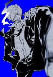  1boy absurdres blue_background cigarette commentary_request curly_eyebrows facial_hair goatee greyscale_with_colored_background hand_in_pocket highres male_focus mustache necktie one_piece sanji_(one_piece) shi_camellia8 signature simple_background smile solo suit 