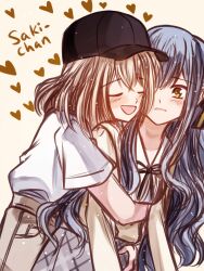  2girls absurdres bang_dream! bang_dream!_it's_mygo!!!!! baseball_cap black_hat blonde_hair blue_hair blush closed_eyes commentary_request hat heart highres hug hug_from_behind long_hair medium_hair misumi_uika multiple_girls open_mouth seine_(hanamukes) shirt short_sleeves sidelocks togawa_sakiko white_shirt yellow_eyes yuri 