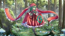  1girl artist_name blue_flower boots bow brown_boots closed_eyes commentary_request dress flower flower_request forest frilled_bow frilled_dress frills full_body green_hair hair_bow highres holding_own_dress kagiyama_hina long_hair mushroom nature outdoors owolf_no_predator pink_flower puffy_short_sleeves puffy_sleeves red_bow red_dress red_ribbon ribbon short_sleeves solo touhou tree wrist_ribbon 