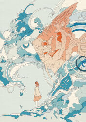  1girl absurdres commentary fish from_behind hato_(n_hat_mu) highres ligne_claire long_sleeves orange_hair orange_skirt original pleated_skirt shirt short_hair skirt solo standing surreal water waves white_shirt wide_shot 