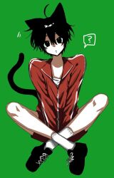  1boy ? black_hair black_shoes cat_boy crossed_legs green_background hair_between_eyes highres jacket legs looking_at_viewer male_focus mole mole_under_eye original red_shorts red_sweater rnk_77wvv shirt shoes short_hair shorts simple_background socks solo sweater thighs track_jacket white_shirt white_socks 