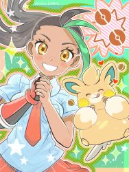  1girl black_hair commentary_request freckles green_streaks grin heart highres multicolored_hair necktie nemona_(pokemon) orange_eyes orange_necktie orange_shorts own_hands_clasped own_hands_together pawmo pokemon pokemon_(creature) pokemon_scarlet_and_violet ponytail runachikku shirt short_sleeves shorts smile sparkle streaked_hair tan white_shirt 