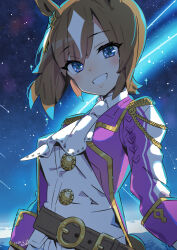  1girl aiguillette alsea animal_ears ascot belt blue_eyes blush breasts brown_belt brown_hair epaulettes genderswap genderswap_(mtf) grin hair_between_eyes horse_girl jacket long_sleeves looking_at_viewer multicolored_hair night open_mouth outdoors personification purple_jacket shirt shooting_star short_hair sky smile star_(sky) streaked_hair teeth ten_point_(racehorse) umamusume white_ascot white_hair white_shirt 