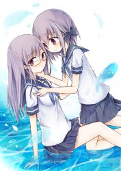  2girls amakaze_sora black_sailor_collar black_skirt blue_neckerchief blush breasts closed_mouth comiket_88 commentary_request glasses grey_hair hair_between_eyes long_hair multiple_girls neckerchief original pleated_skirt sailor_collar school_uniform serafuku shallow_water shirt short_sleeves skirt small_breasts smile violet_eyes water white_background white_shirt yuri 