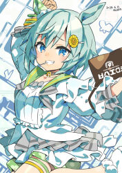  1girl alsea animal_ears blue_eyes blush brown_choker candy choker ear_covers flower food food_in_mouth green_sailor_collar green_shorts grey_hair grin hair_between_eyes hair_flower hair_ornament hairclip horse_ears horse_girl lollipop lollipop_in_mouth long_sleeves looking_at_viewer open_mouth sailor_collar seiun_sky_(reeling_in_the_big_one)_(umamusume) seiun_sky_(umamusume) shirt short_hair shorts single_ear_cover smile solo sunflower sunflower_hair_ornament umamusume 