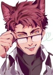  adjusting_eyewear animal_ears collared_shirt fangs glasses highres lab_coat love_and_deepspace nose red_hair shirt tongue tongue_out turtleneck valko_(love_and_deepspace) werewolf white_background wolf_boy wolf_ears yellow_eyes 
