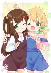  >_o 2girls arm_up blonde_hair blue_overalls bow brown_dress brown_hair cheek-to-cheek child collared_shirt commentary_request cowboy_shot double_v dress dress_bow dress_shirt flower frilled_dress frills green_bow green_eyes hair_bow hair_flower hair_ornament hairclip hao_(pila-pela) heads_together hood hood_down hoodie kaorin_(pila-pela) long_hair looking_at_viewer low_twintails medium_hair multiple_girls one_eye_closed open_mouth original overall_shorts overalls pila-pela pinafore_dress pink_hoodie shirt short_twintails siblings sisters sleeveless sleeveless_dress smile triangle_mouth twintails two_side_up upwards_triangle_mouth v white_bow white_shirt 