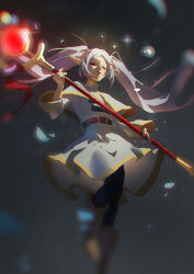  1girl absurdres belt belt_buckle black_belt black_pantyhose black_shirt blurry blurry_edges boots brown_boots buckle capelet closed_eyes closed_mouth commentary elf frieren gold_trim highres holding holding_staff jacket jiunn_kuo light_particles long_hair long_sleeves mage_staff mixed-language_commentary pantyhose parted_bangs photoshop_(medium) pointy_ears shirt sketch skirt sleeve_cuffs solo sousou_no_frieren staff striped_clothes striped_shirt twintails unfinished white_capelet white_hair white_jacket white_shirt white_skirt 