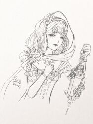  1girl bow bracelet brooch clenched_hand commentary cropped_torso detached_hood dress english_commentary eyelashes floral_print flower flower_brooch frilled_sleeves frills graphite_(medium) greyscale hand_on_own_hip hat hat_flower highres holding holding_lantern hood hood_up infinity_nikki jewelry kana_ying lace-trimmed_hood lantern lipstick looking_at_object luminous_nightflow_(infinity_nikki) makeup medium_hair monochrome nikki_(series) off-shoulder_dress off_shoulder parted_lips print_dress rose sad short_sleeves signature sketch solo traditional_media 
