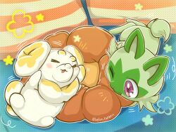  animal_focus blush closed_eyes commentary_request doughnut fidough food highres no_humans one_eye_closed open_mouth pokemon pokemon_(creature) runachikku sprigatito twitter_username 