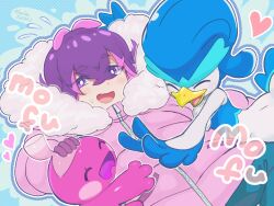  1girl bright_pupils coat commentary_request crossed_bangs dot_(pokemon) heart highres hug looking_at_viewer open_mouth pink_coat pokemon pokemon_(anime) pokemon_(creature) pokemon_horizons purple_hair quaxwell runachikku short_hair tinkatink violet_eyes white_pupils winter_clothes winter_coat 