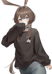  1girl absurdres alternate_costume amiya_(arknights) animal_ear_fluff animal_ears animal_print arknights blue_eyes brown_hair brown_sweater covering_own_mouth grey_leggings hair_between_eyes hand_up heart heart-shaped_pupils highres infection_monitor_(arknights) jewelry leggings long_hair long_sleeves looking_at_viewer multiple_rings rabbit_ears rabbit_girl rabbit_print remapack77 ring simple_background solo sweater symbol-shaped_pupils upper_body white_background 