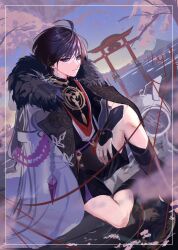  1boy ahoge aiguillette arm_on_knee armor bishounen black_bodysuit black_hair black_kimono black_sandals black_shorts black_sleeves black_trim blunt_ends bodysuit border cherry_blossoms closed_mouth coat coat_on_shoulders commentary_request crying crying_with_eyes_open dutch_angle expressionless fatui_coat fur-trimmed_coat fur_trim gem genshin_impact gold gold_trim grey_sleeves highres japanese_armor japanese_clothes jewelry juban kimono knee_up kote kurokote lapels layered_sleeves male_focus mandarin_collar mitsudomoe_(shape) mountainous_horizon neck_ring night o-ring open_clothes open_coat open_hand open_kimono purple_gem purple_sash red_kimono ripples sandals sash scaramouche_(genshin_impact) shiromiya_shino short_sleeves shorts sitting sky solo star_(sky) starry_sky stirrup_legwear tears toeless_legwear tomoe_(symbol) torii tree tsurime vase violet_eyes white_border white_coat white_kimono wispy_bangs zouri 