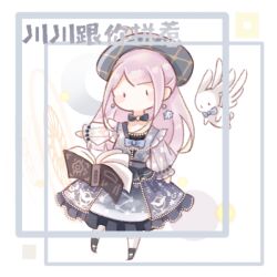  1girl animal argyle_clothes argyle_hat bead_bracelet bead_choker bead_necklace beads black_boots black_eyes blue_bow blue_bowtie blue_dress blue_hat blunt_bangs book boots borrowed_character bow bow_choker bowtie bracelet chibi chinese_commentary choker circle clothed_animal commentary_request constellation_print dress earrings floating_earrings footwear_bow frilled_dress frilled_sleeves frills hat hexagram interruption_(echo-023) jewelry layered_dress light_particles lolita_fashion long_hair long_sidelocks long_sleeves magic_circle medium_dress mismatched_earrings necklace nikki_(series) open_book pantyhose pink_hair print_dress puffy_long_sleeves puffy_sleeves see-through_clothes see-through_sleeves shining_nikki sidelocks solid_oval_eyes solo sphere_earrings star_(symbol) star_earrings star_print stylist_(nikki) traditional_bowtie turning_page very_long_hair watermark white_background white_bow white_choker white_pantyhose white_rabbit_(animal) winged_animal 