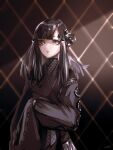  1girl black_dress black_hair black_lips dress expressionless girls_frontline grey_eyes headgear highres long_hair long_sleeves looking_to_the_side mercurows_(girls&#039;_frontline) nyto_(girls&#039;_frontline) paradeus sideways_glance signature sleeves_past_fingers sleeves_past_wrists solo upper_body yuiga_nao 