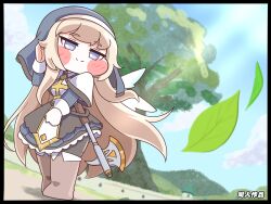  1girl axe black_trim black_veil blonde_hair blue_eyes blush blush_stickers capelet cassock chibi clerical_collar commentary_request detached_wings dress fewer_digits full_body highres long_hair long_sleeves ner_(trickcal) nnnnnmmmi4323 nun nun_headdress puffy_cheeks smile solo standing trickcal veil very_long_hair white_capelet wings 