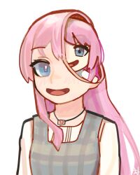  absurdres bang_dream! bang_dream!_it's_mygo!!!!! character_doll chihaya_anon commentary doll dual_persona grey_eyes highres jewelry long_hair lunafeast necklace open_mouth person_in_head pink_hair shirt simple_background smile standing white_background 