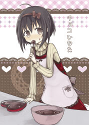  1girl ahoge amakaze_sora apron black_hair blush bow brown_bow brown_eyes brown_hairband brown_sweater chocolate chocolate_making chocolate_on_face commentary_request cover cover_page dress food food_on_face frilled_apron frills hairband heart holding idolmaster idolmaster_cinderella_girls kohinata_miho looking_at_viewer red_dress ribbed_sweater sleeves_past_wrists solo spatula sweater translation_request white_apron 